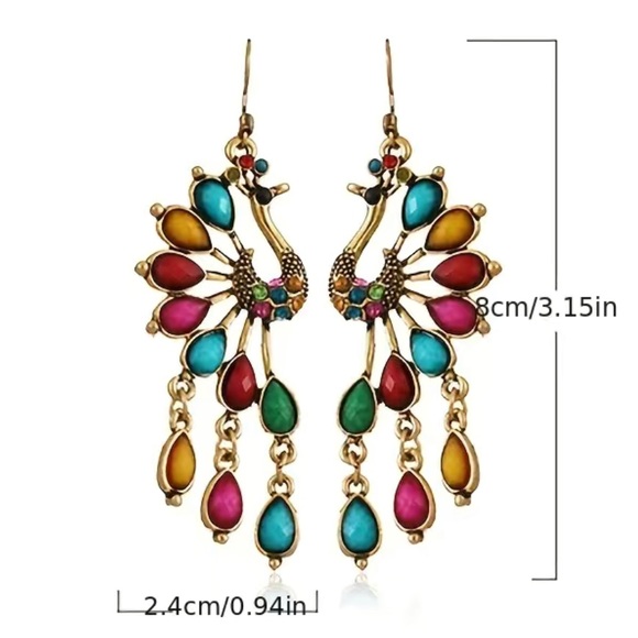 ⭕️ 3/$24 ⭕️ Beaded gold rainbow peacock earrings with rhinestones / NWOT - Picture 7 of 7